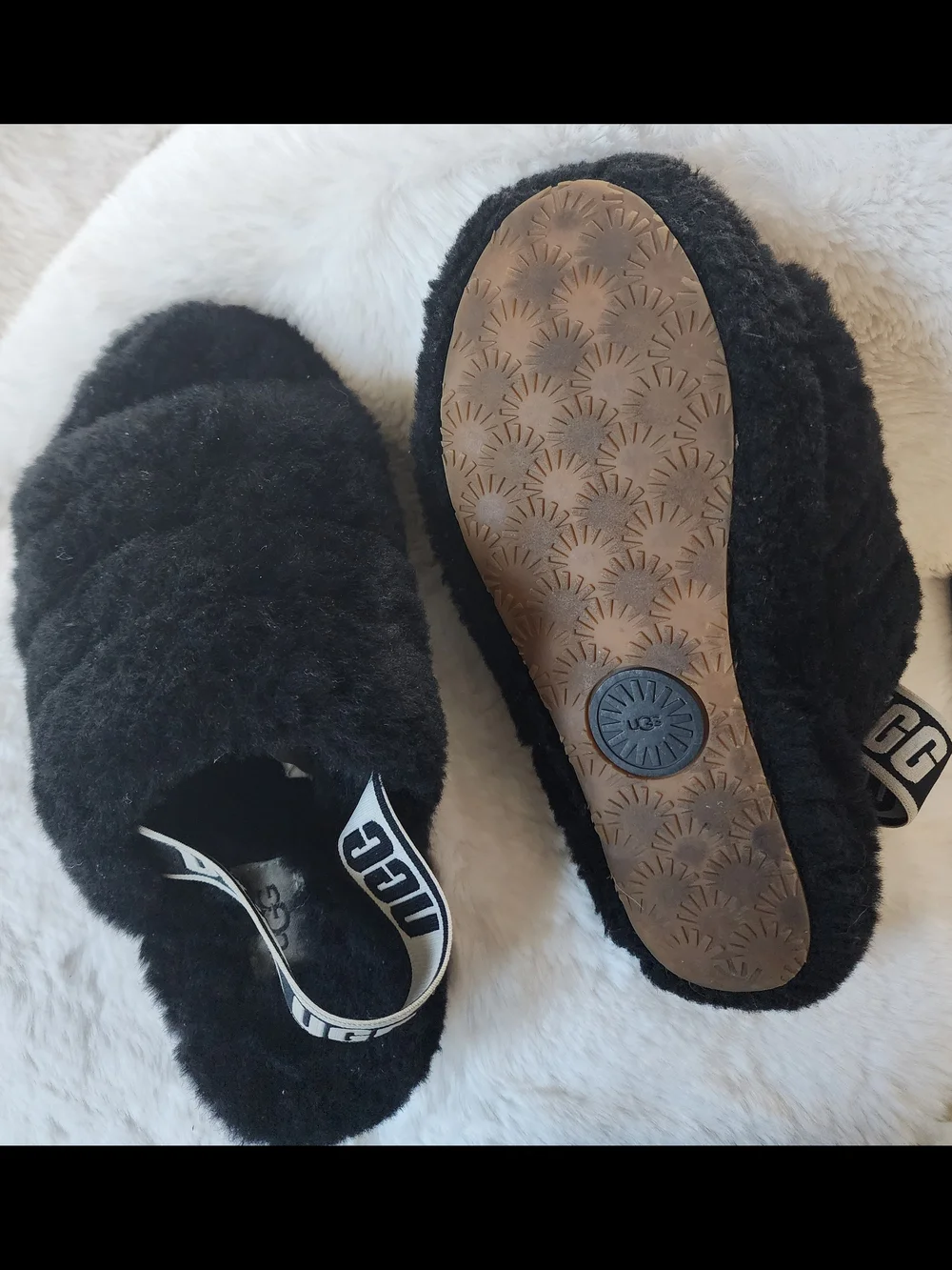UGG Black Soft Cozy Fuzzy Slide with Branded Heel Strap Size 7